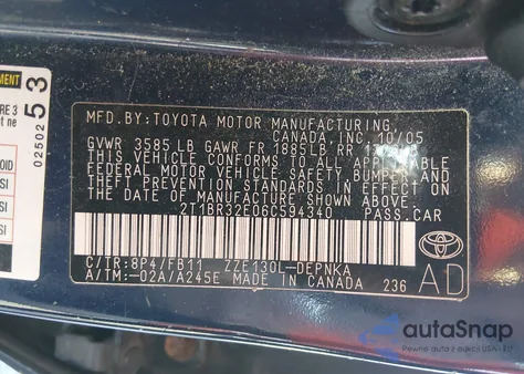 2006 Toyota Corolla Le from USA, damaged, VIN 2T1BR32E06C594340
